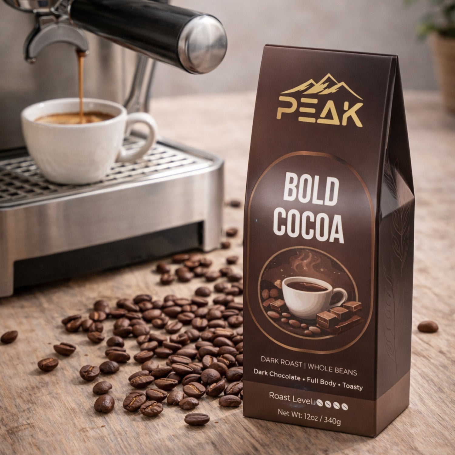 Peak Bold Cocoa coffee package with a coffee machine and beans on a wooden surface