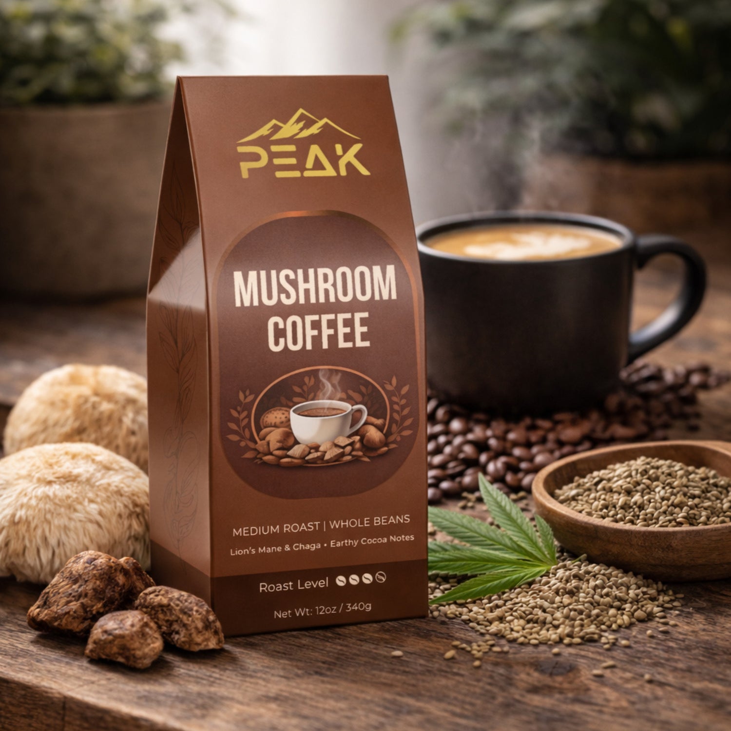 Peak Mushroom Coffee package on a wooden surface with coffee beans, mushrooms, and a cup of coffee.