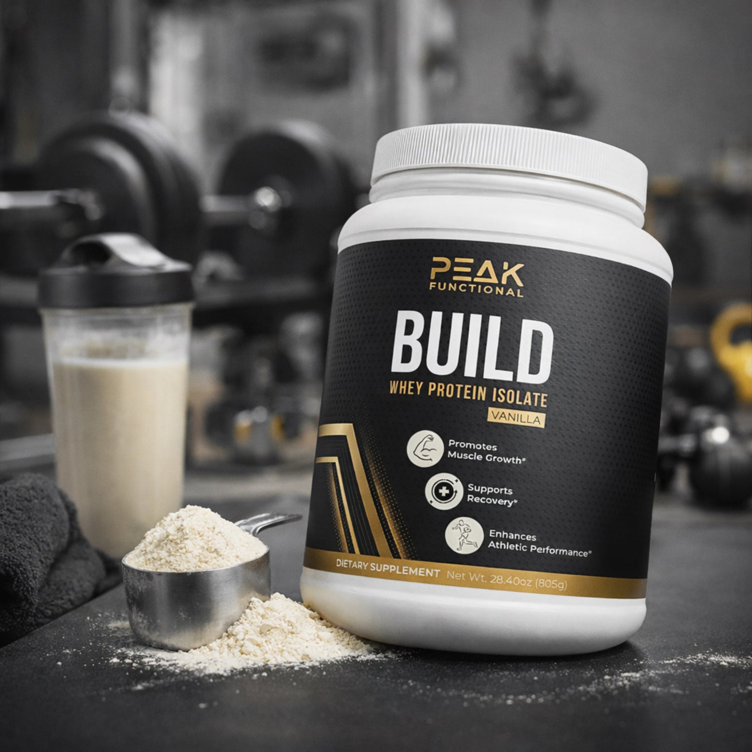Peak Functional Build Whey Protein Isolate container with protein powder and a shaker in a gym setting