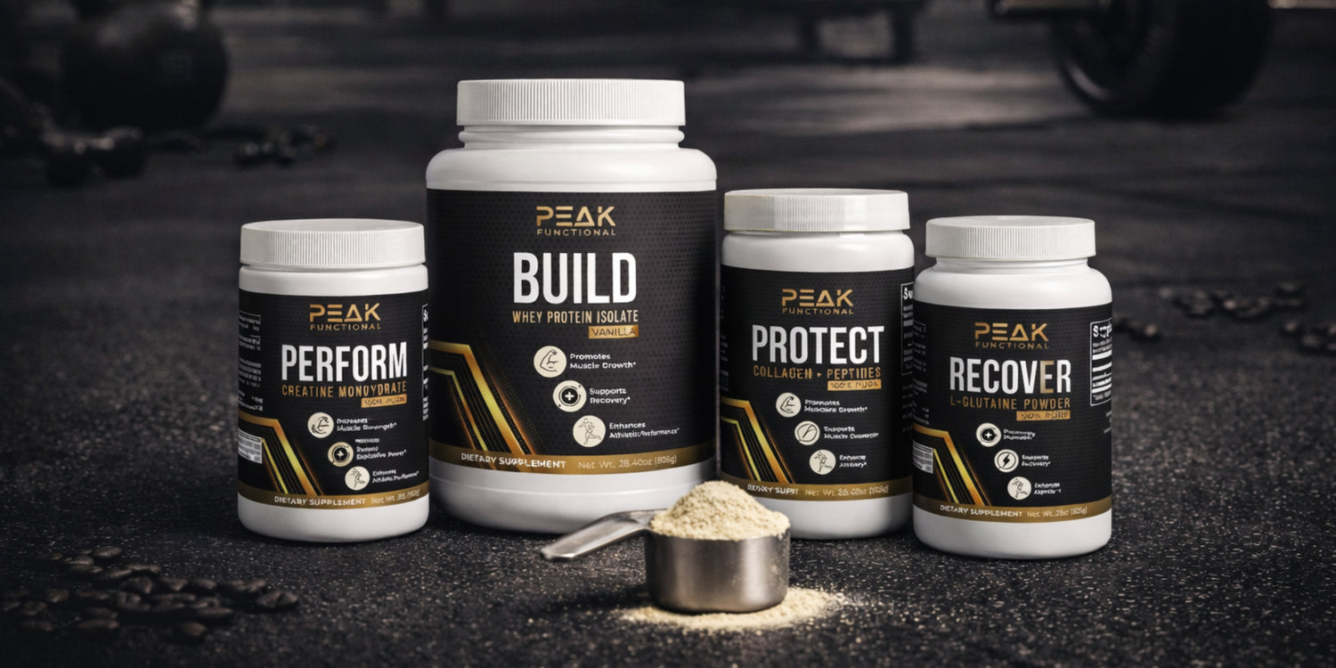 Peak brand supplement bottles on a dark background