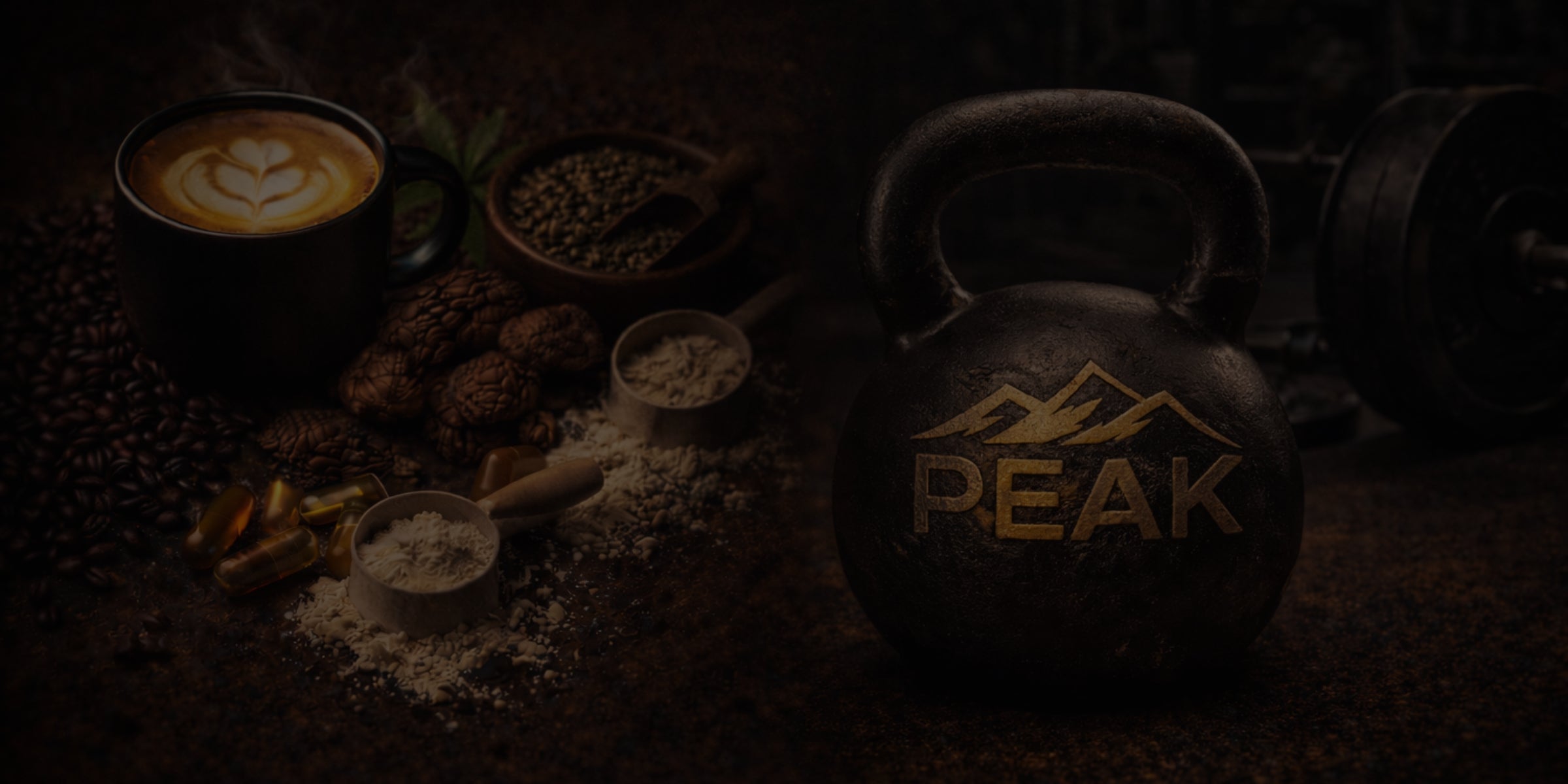 Kettlebell with 'PEAK' logo surrounded by coffee, mushroom, supplements and ingredients on a dark background