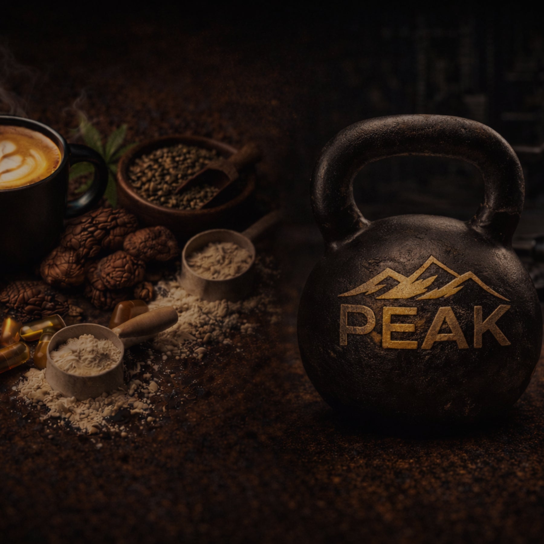 Kettlebell with 'PEAK' logo surrounded by coffee, mushroom, supplements and ingredients on a dark background