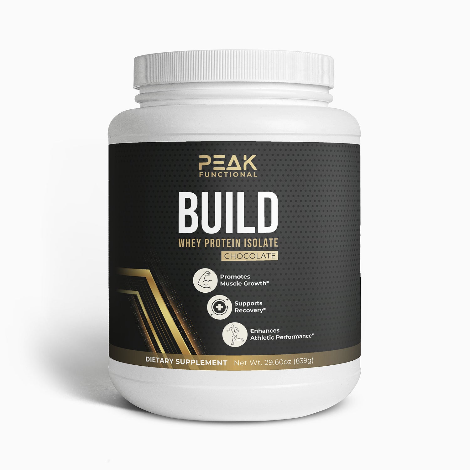 Peak Functional Build Whey Protein Isolate container on a white background