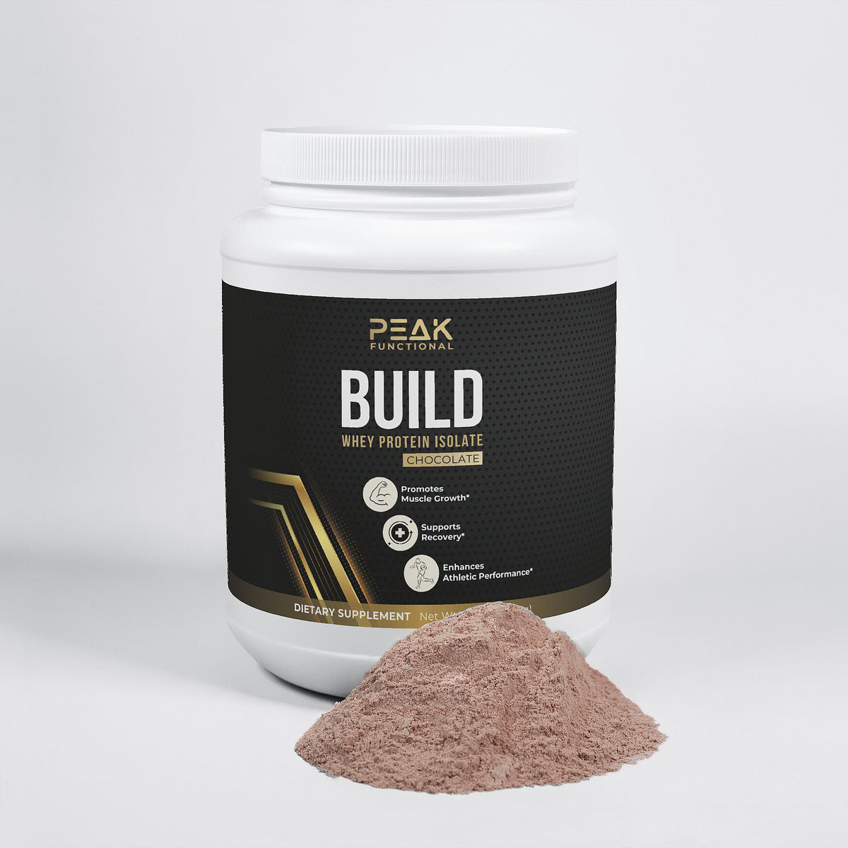 Peak Functional BUILD Whey Protein Isolate Chocolate container with powder on a white background