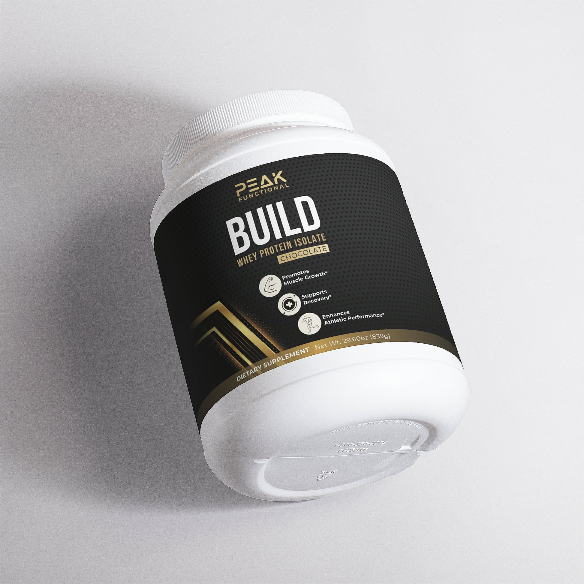 Peak Functional BUILD Whey Protein Isolate Chocolate container on a white & grey background