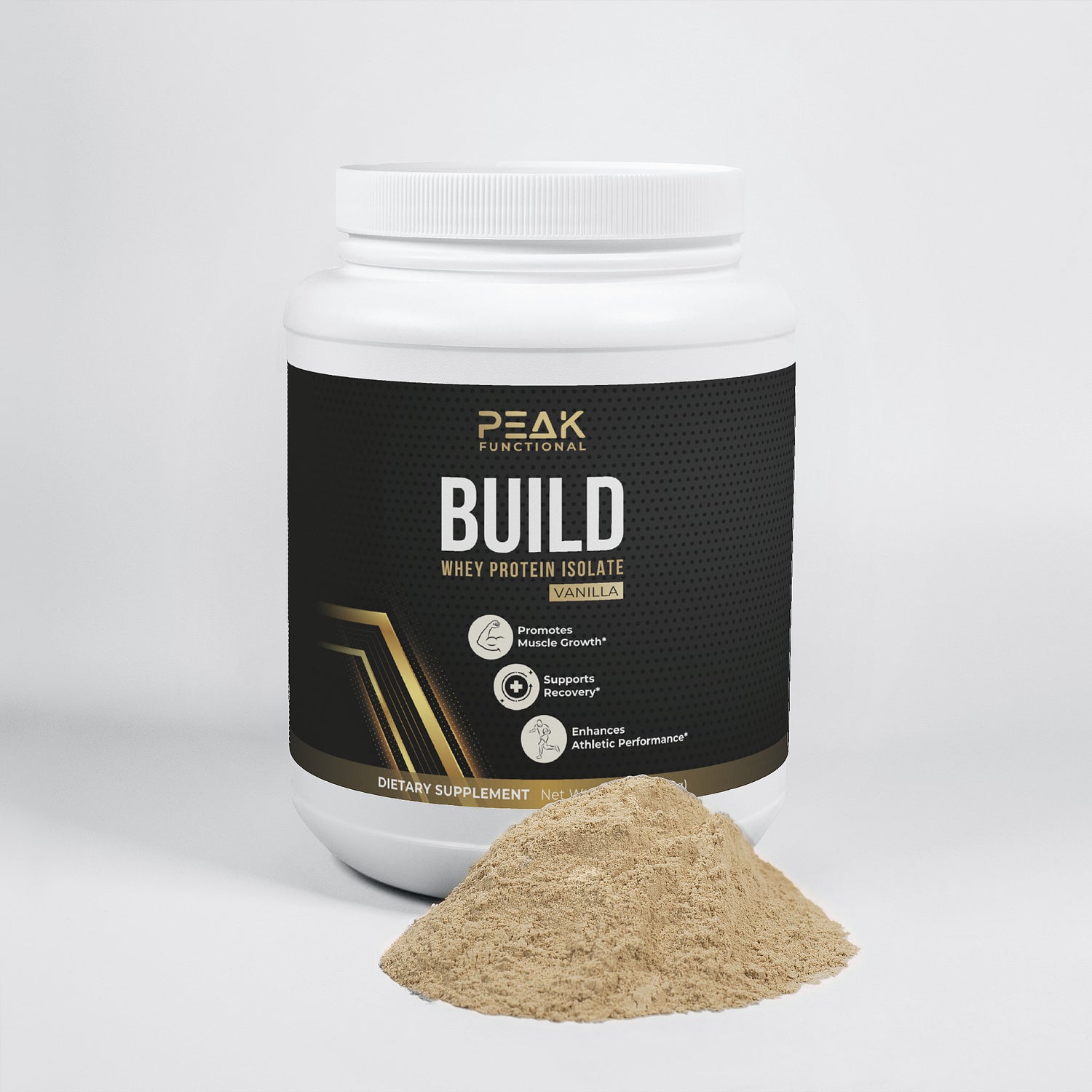Peak Functional Build Whey Protein Isolate container with protein powder on a white background