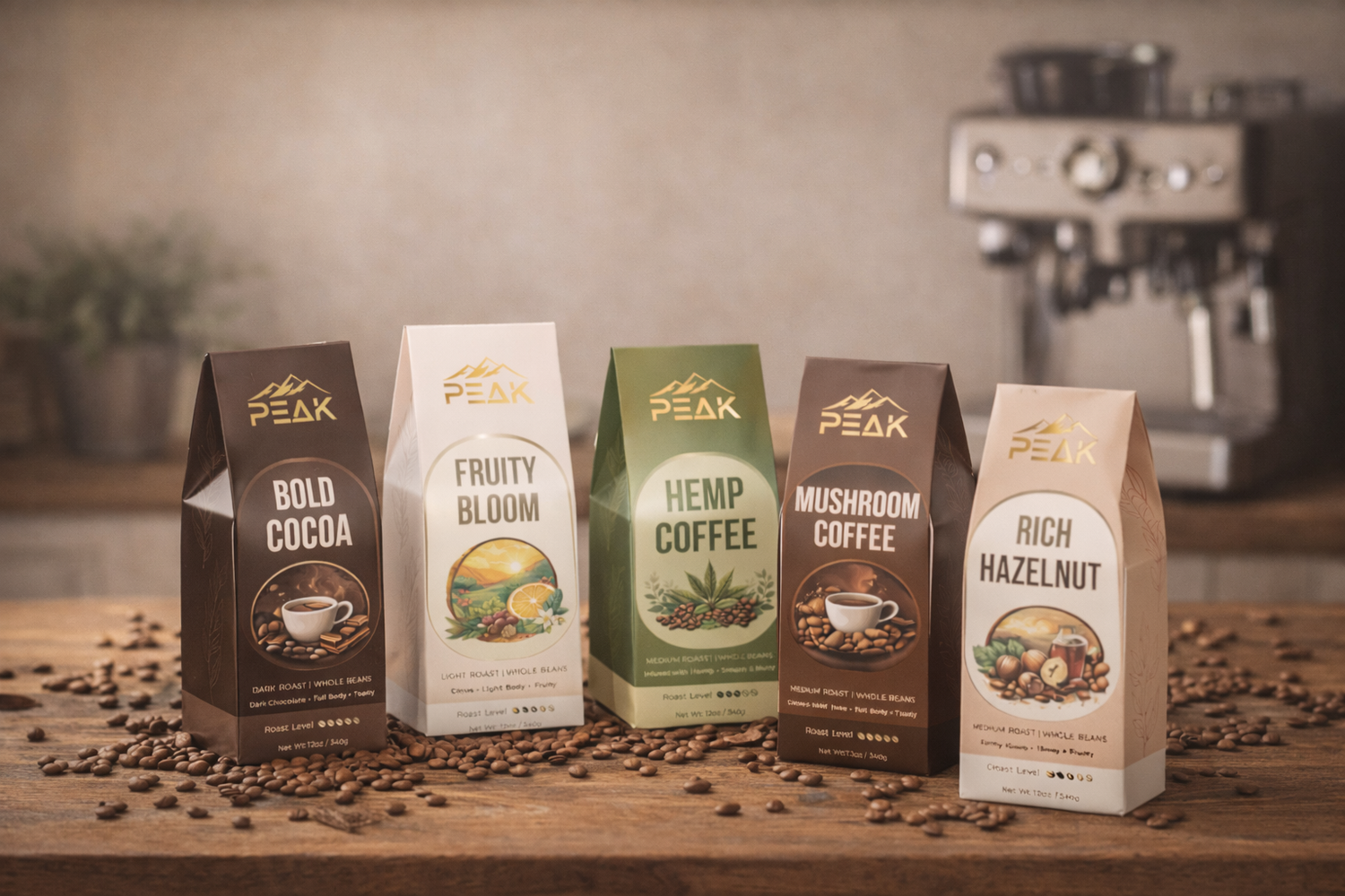 Five packages of Peak coffee with different flavors on a wooden surface with coffee beans.