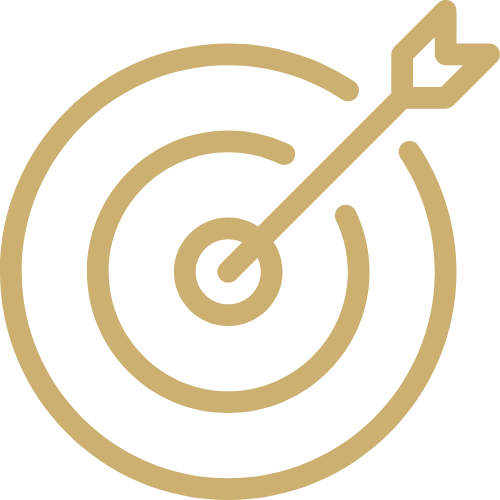Gold target with an arrow in the center on a white background