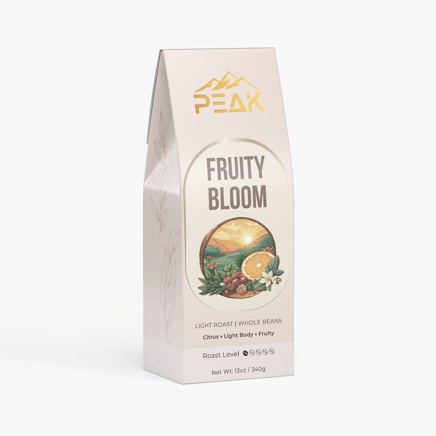 Coffee package labeled 'Fruity Bloom' by Peak on a white background