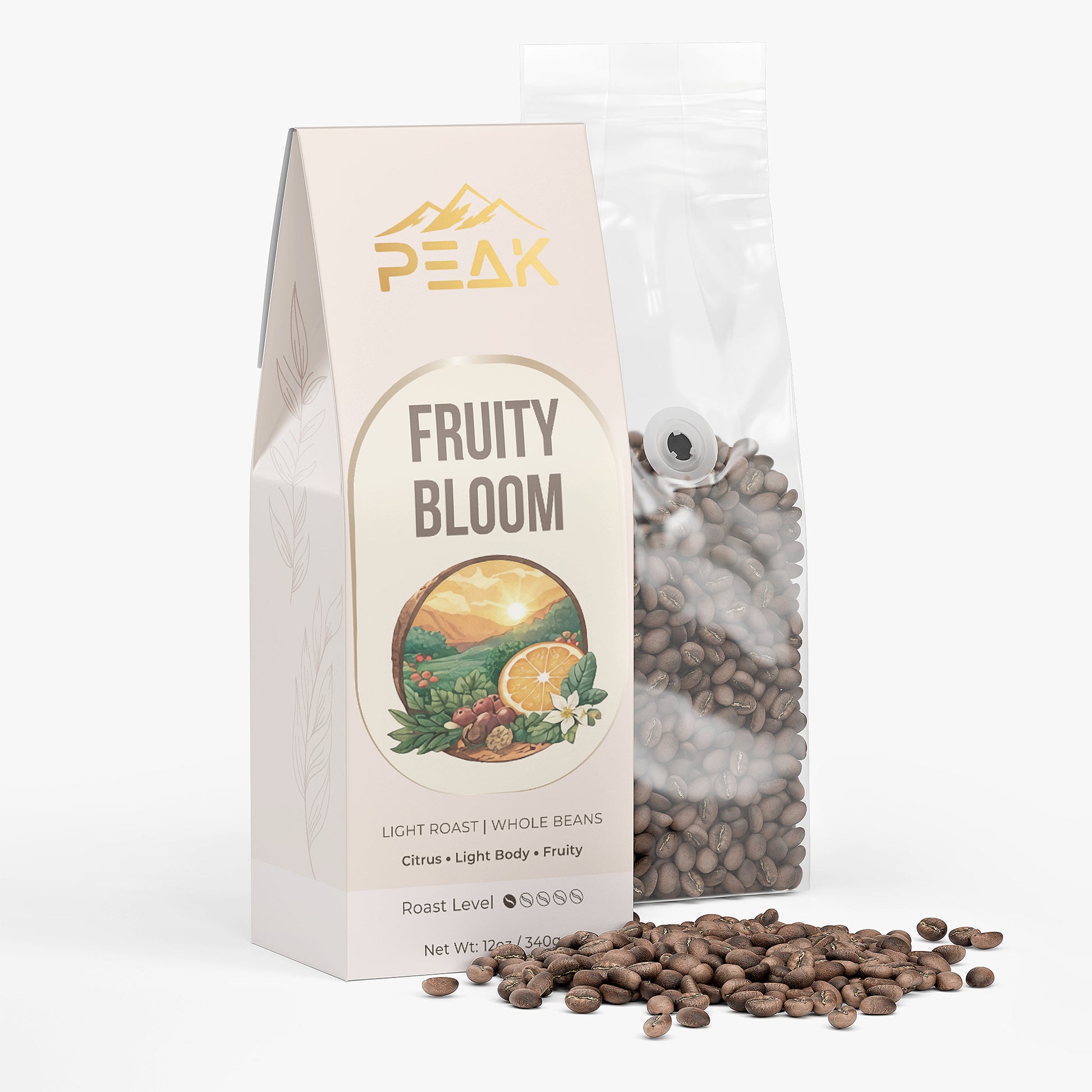 Coffee package labeled 'Fruity Bloom' with coffee beans spilling out on a white background