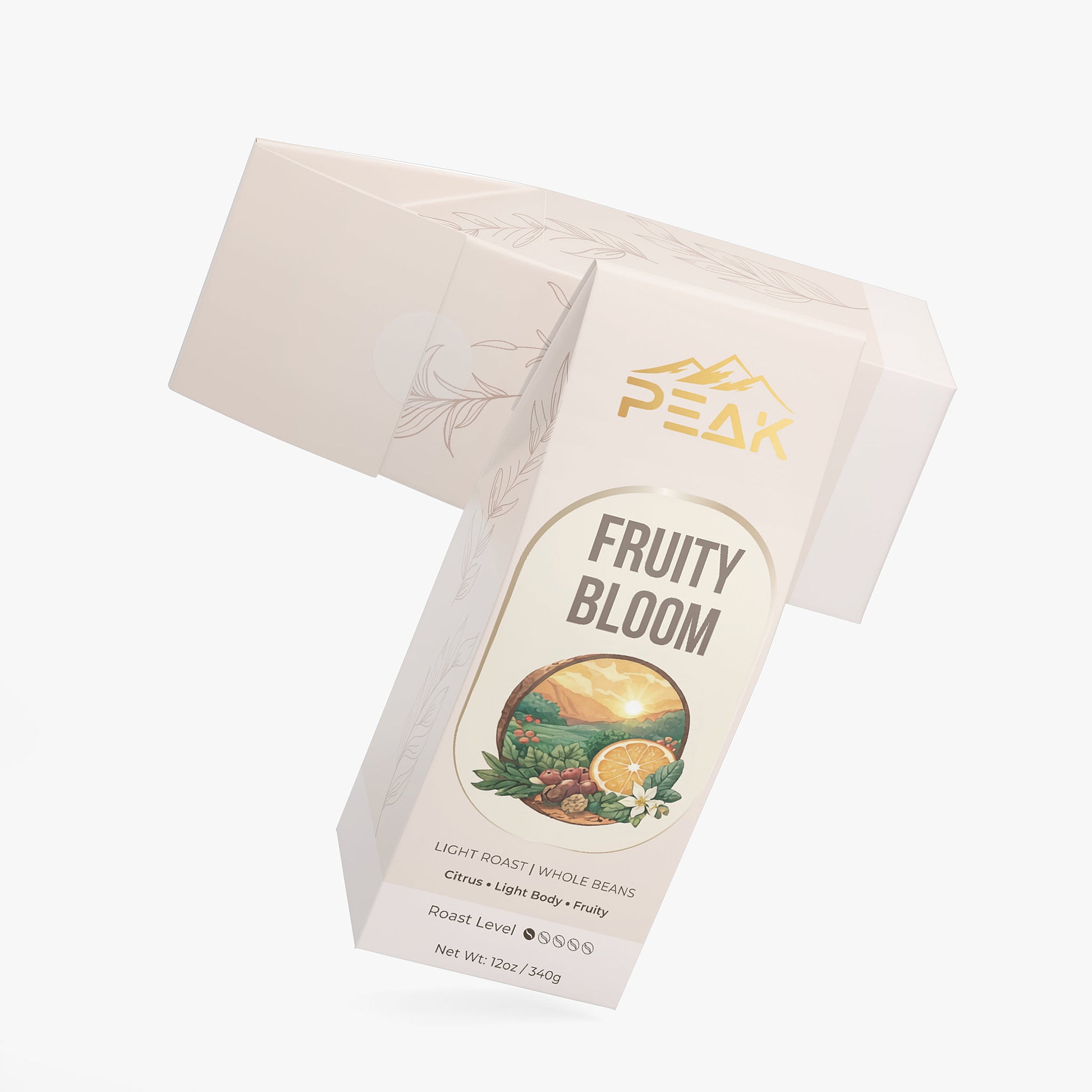 Coffee package labeled 'Fruity Bloom' by Peak on a white background