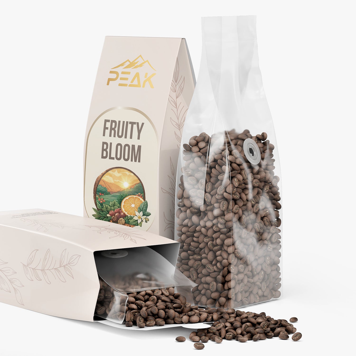 Coffee beans spilling out of a transparent bag labeled 'Fruity Bloom' with 'Peak' branding on a white background.