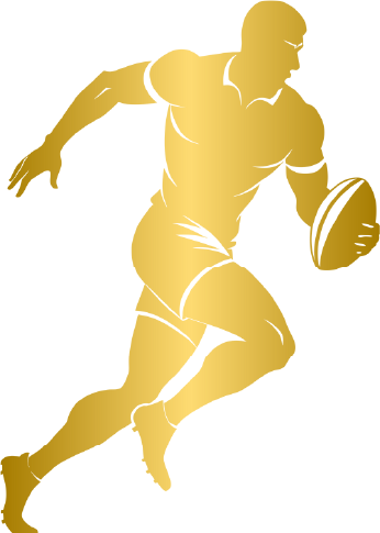 Gold silhouette of a rugby player sprinting with the ball — representing power, athleticism, and rugby performance at peak level.