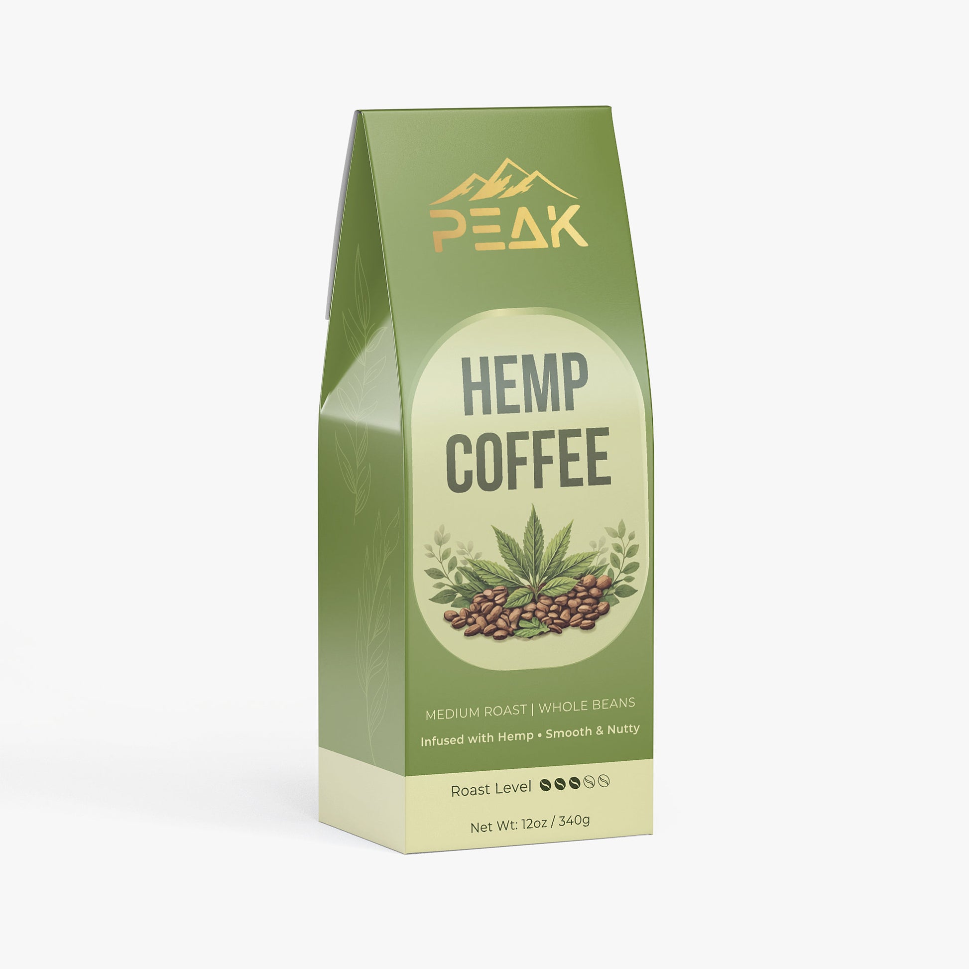 Packaging of Peak Hemp Coffee on a white background