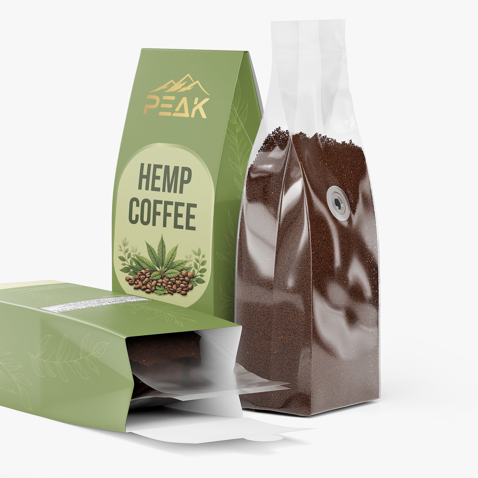 Hemp coffee package with green packaging and visible brand logo on a white background