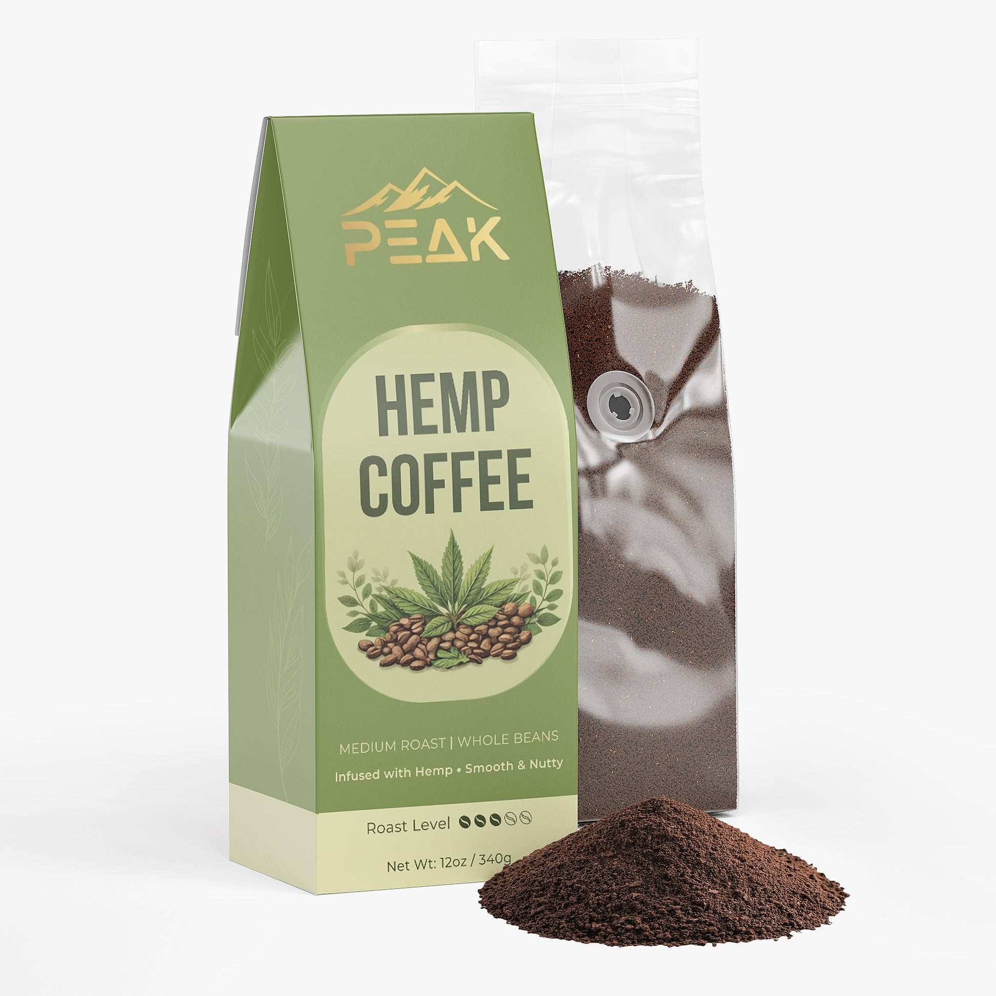 Packaging of Peak Hemp Coffee with coffee grounds in front