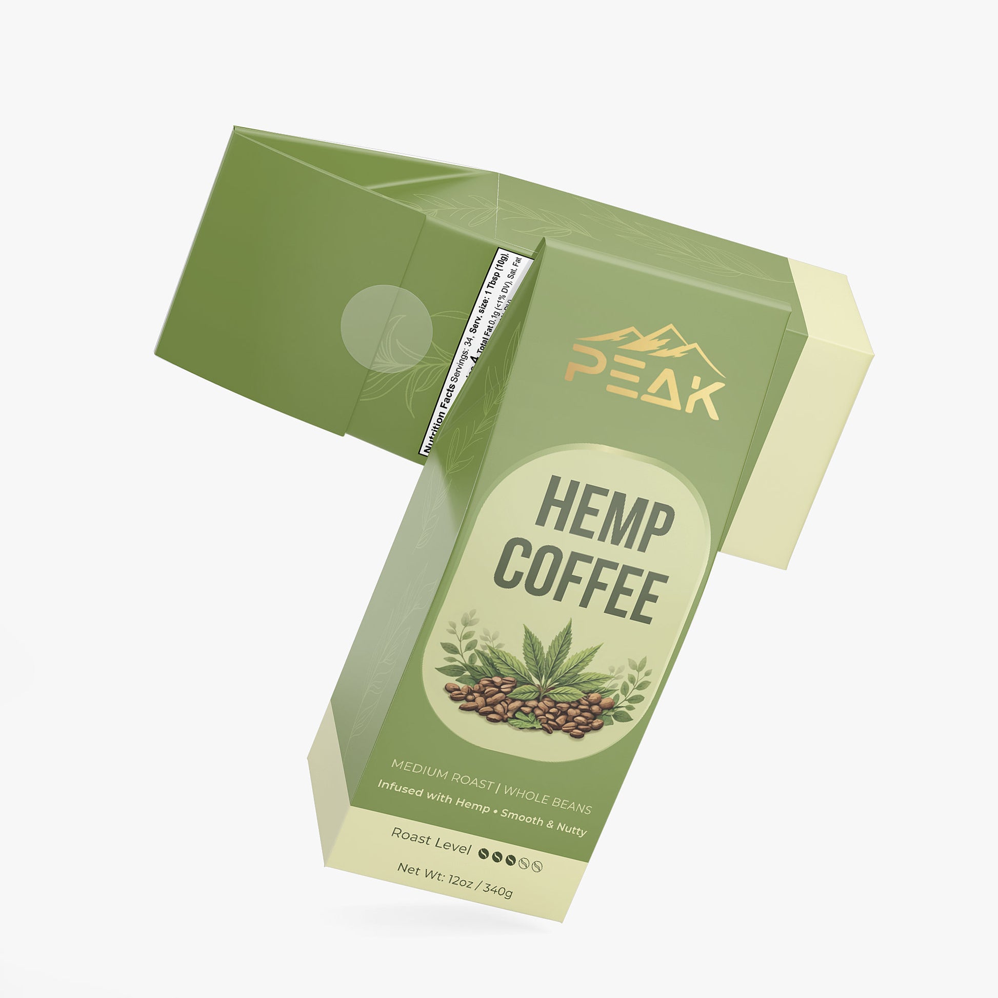 Green package of Peak Hemp Coffee on a white background