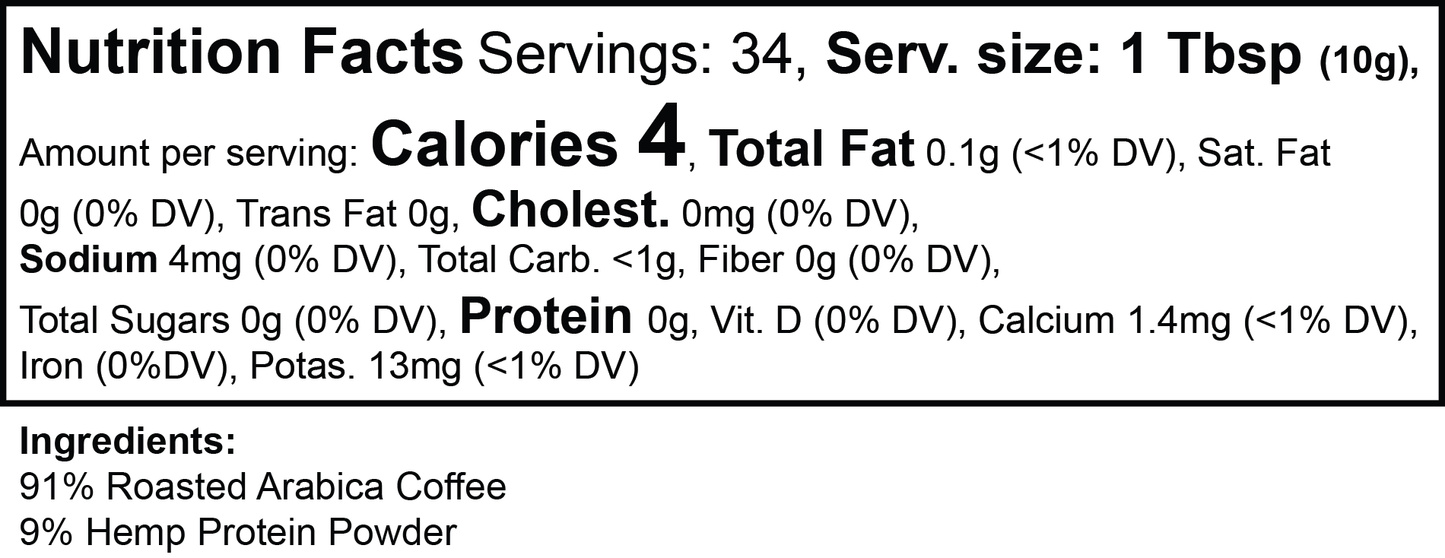 Nutrition facts label for Peak Hemp Coffee with hemp protein powder.