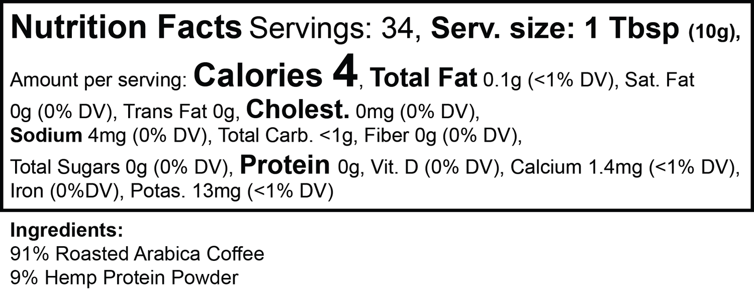Nutrition facts label for Peak Hemp Coffee with hemp protein powder.