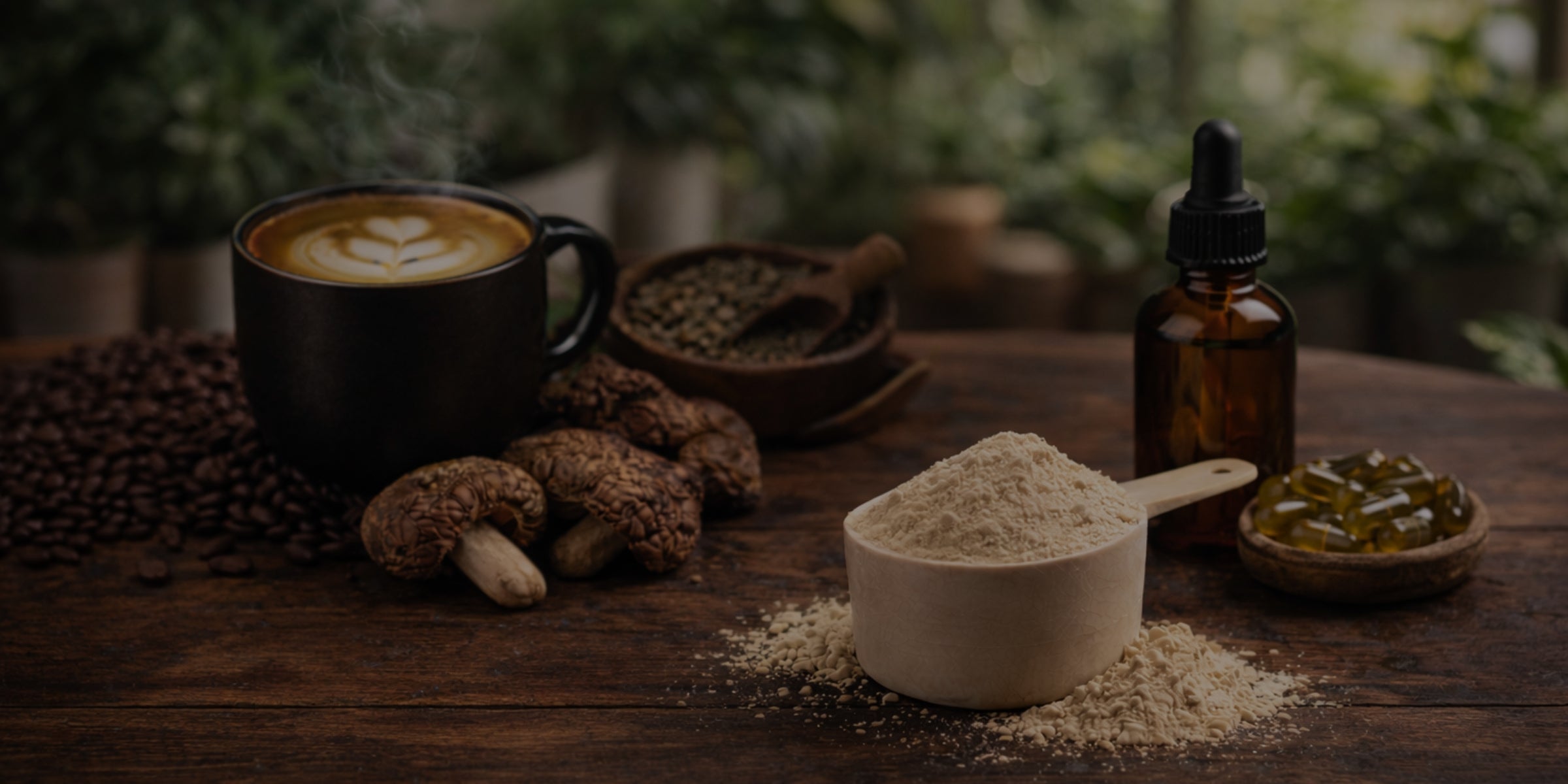 Mug of coffee with a shot of cream, mushrooms, a bottle, and a scoop of powder on a wooden surface.