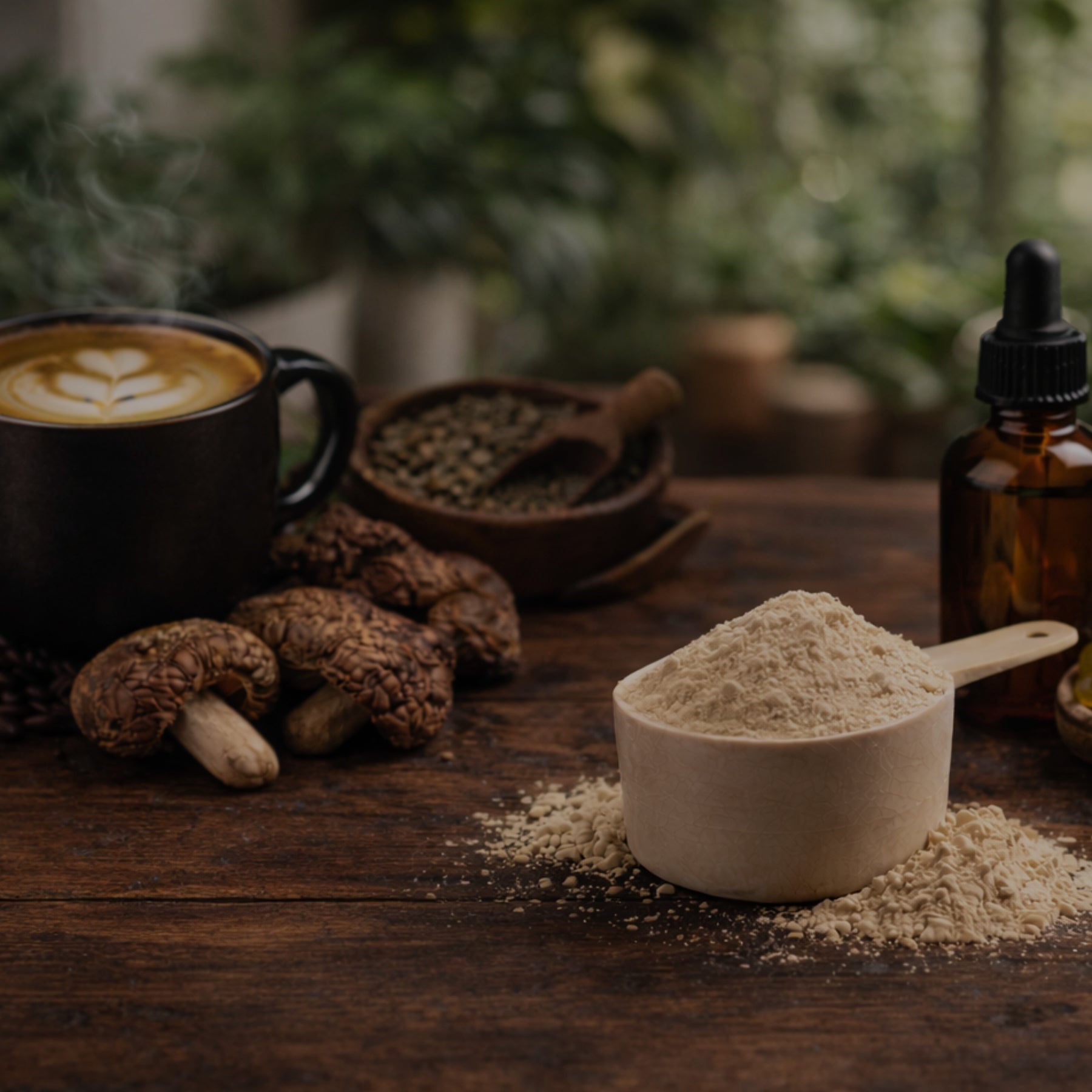 Wooden table with a cup of coffee, cookies, and a scoop of powder.