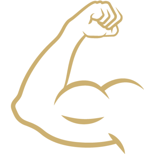 Gold outline of a muscular arm and fist on a white background