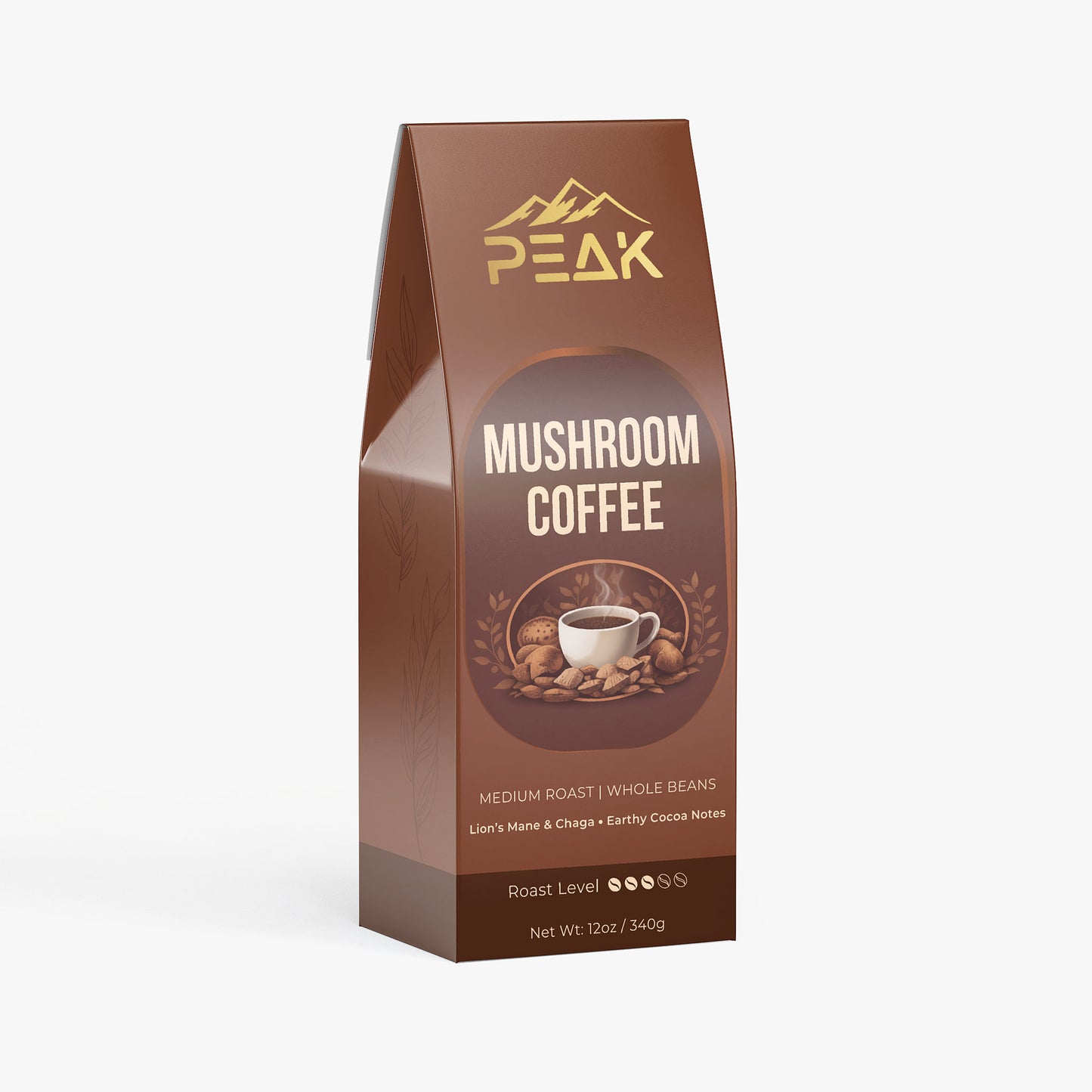 Brown packaging of Peak Mushroom Coffee on a white background