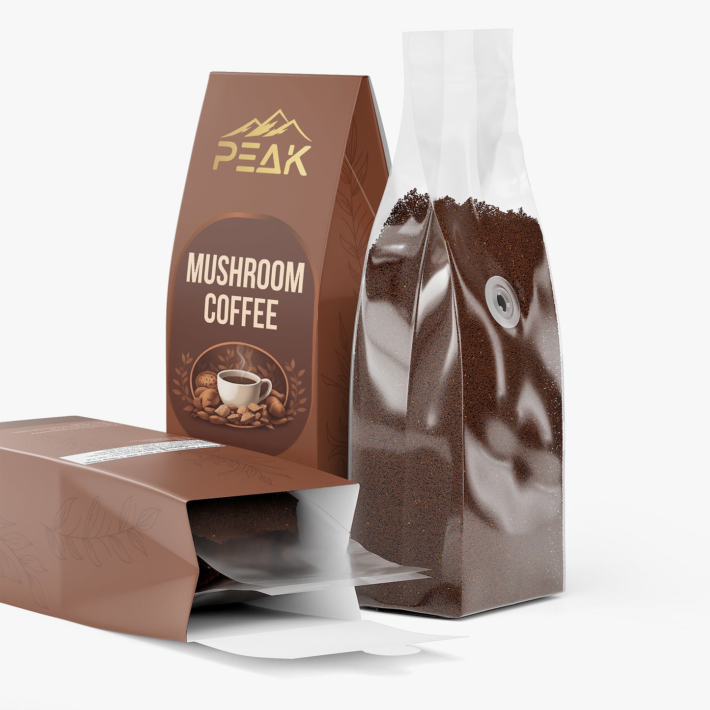 Mushroom coffee package with 'Peak' branding on a white background