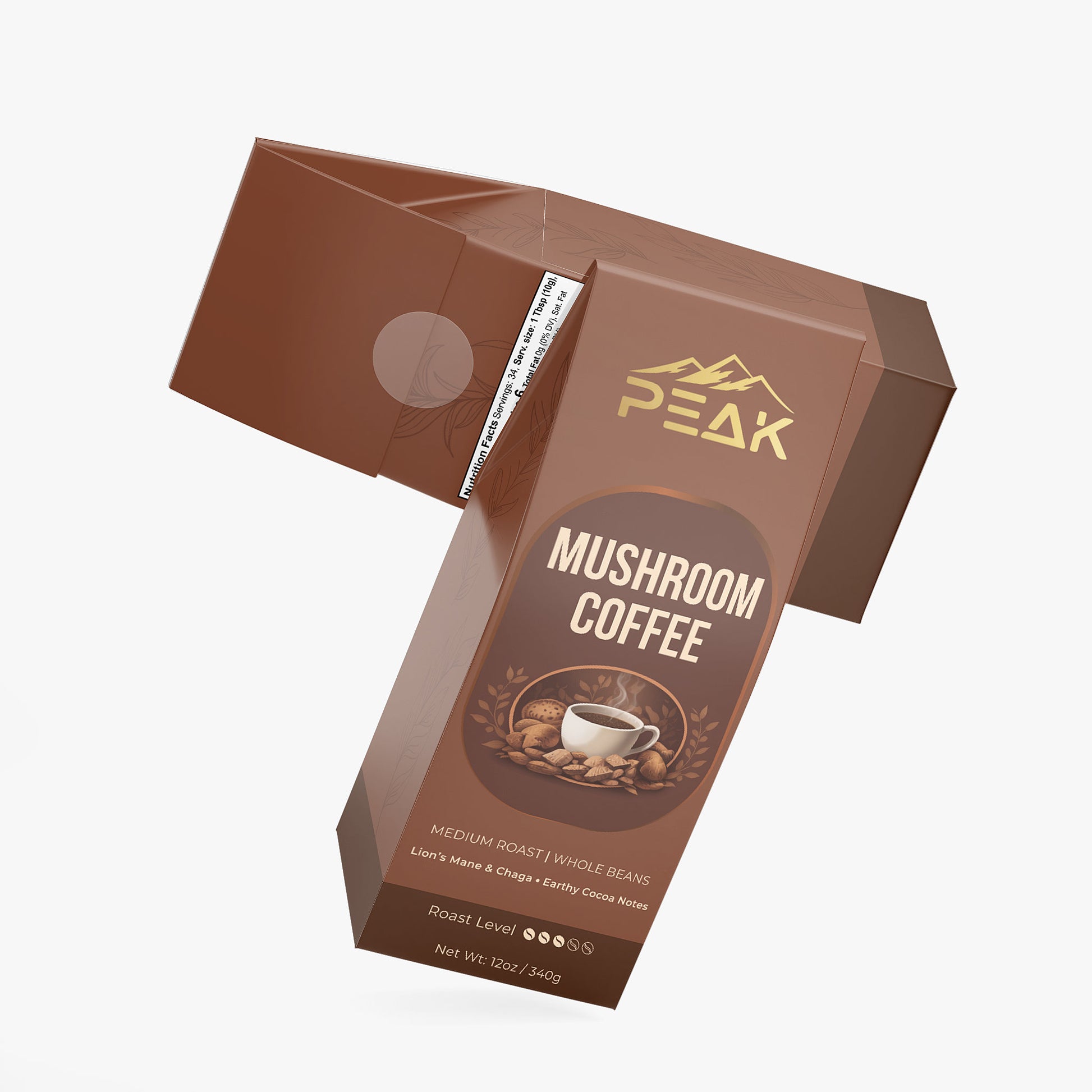 Box of Peak Mushroom Coffee on a white background