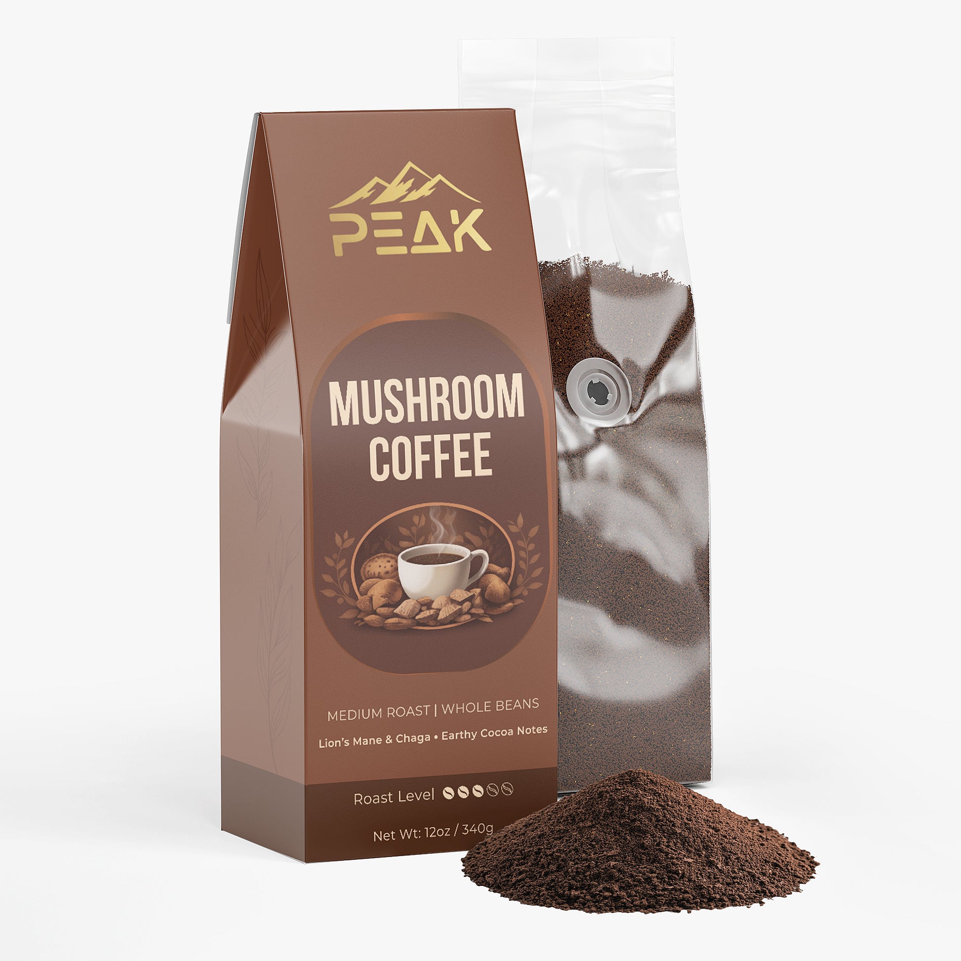 Bag of Peak Mushroom Coffee with ground coffee in front on a white background