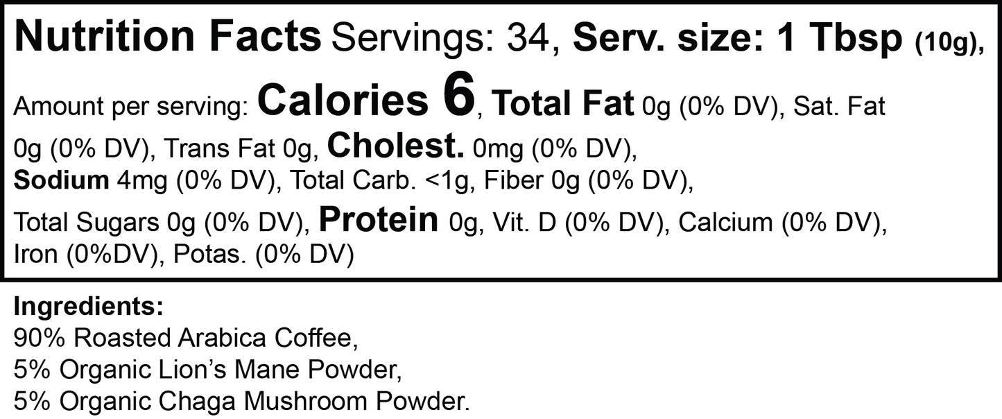 Nutrition facts label for a Peak Mushroom Coffee with lion's mane powder, and chaga mushroom powder.
