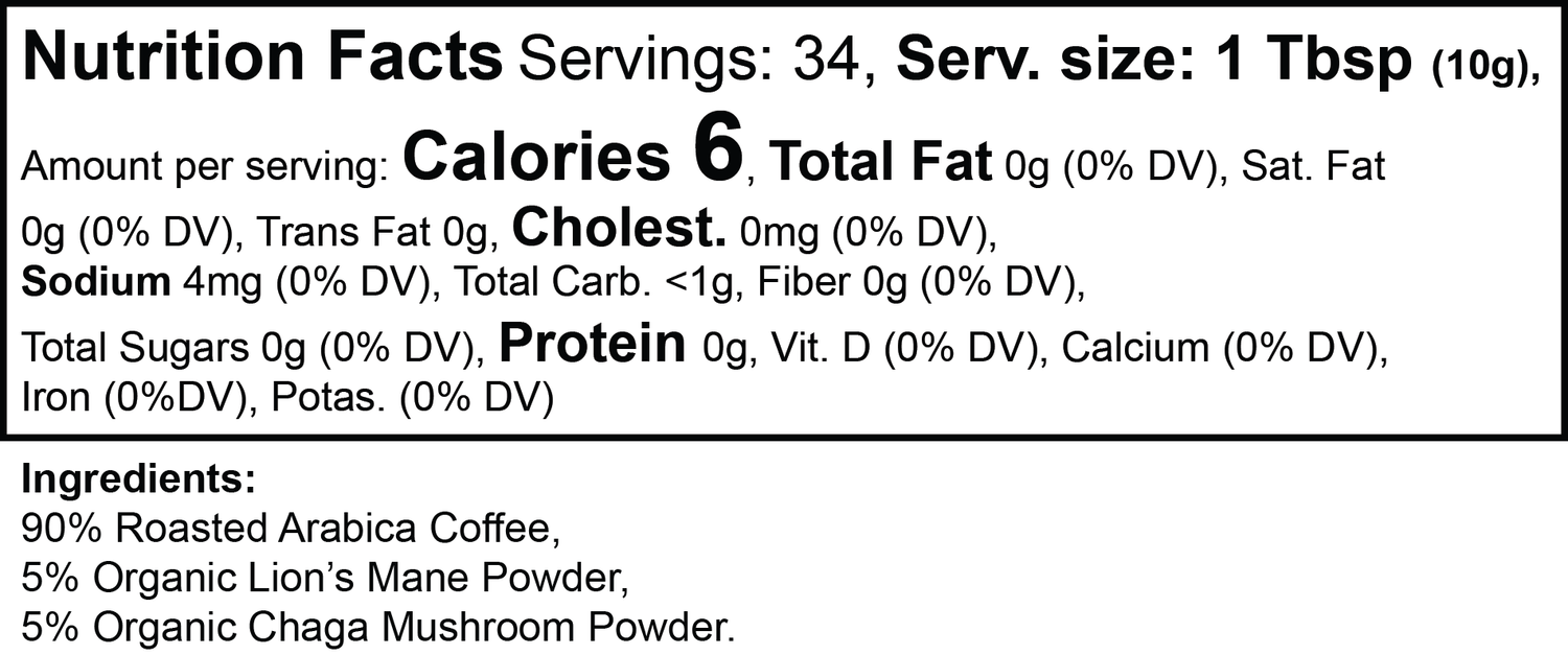 Nutrition facts label for a Peak Mushroom Coffee with lion's mane powder, and chaga mushroom powder.