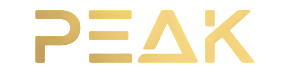 Gold 'PEAK' logo on a transparent background