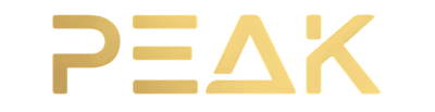 Gold 'PEAK' logo on a transparent background