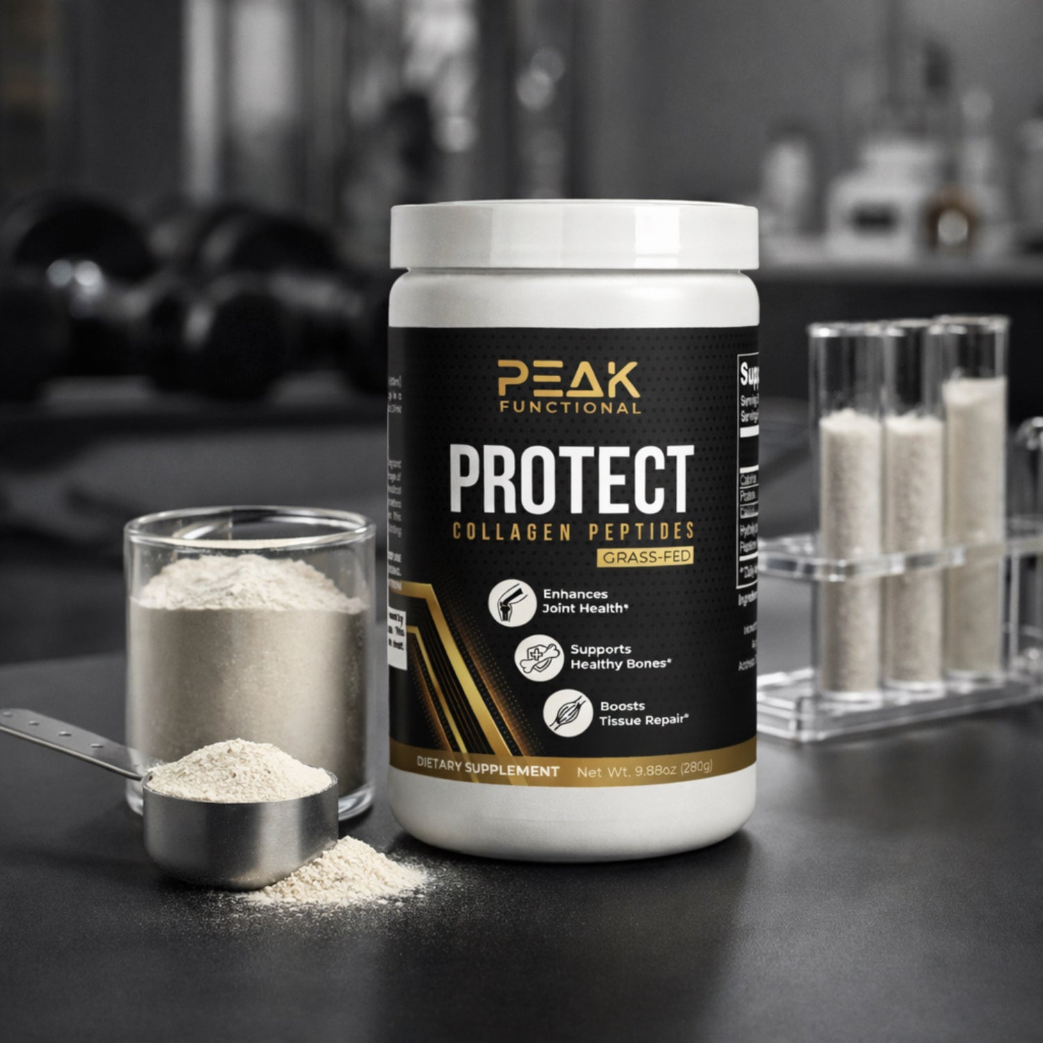 Peak Functional Protect Collagen Peptides container with powder in a glass and scoop on a dark surface.