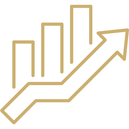 Gold icon of a staircase with an arrow on a white background