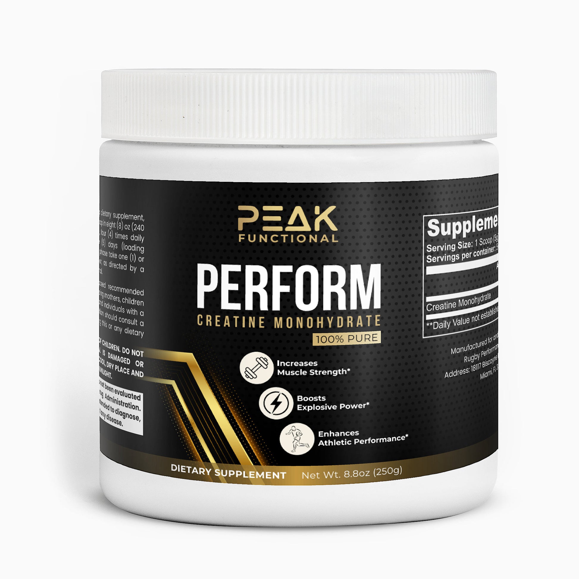 Peak Functional Perform Creatine Monohydrate supplement container on a white background