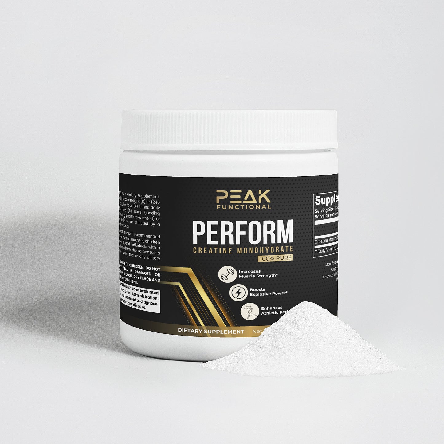 Peak Functional Perform supplement container with white powder on a light gray background