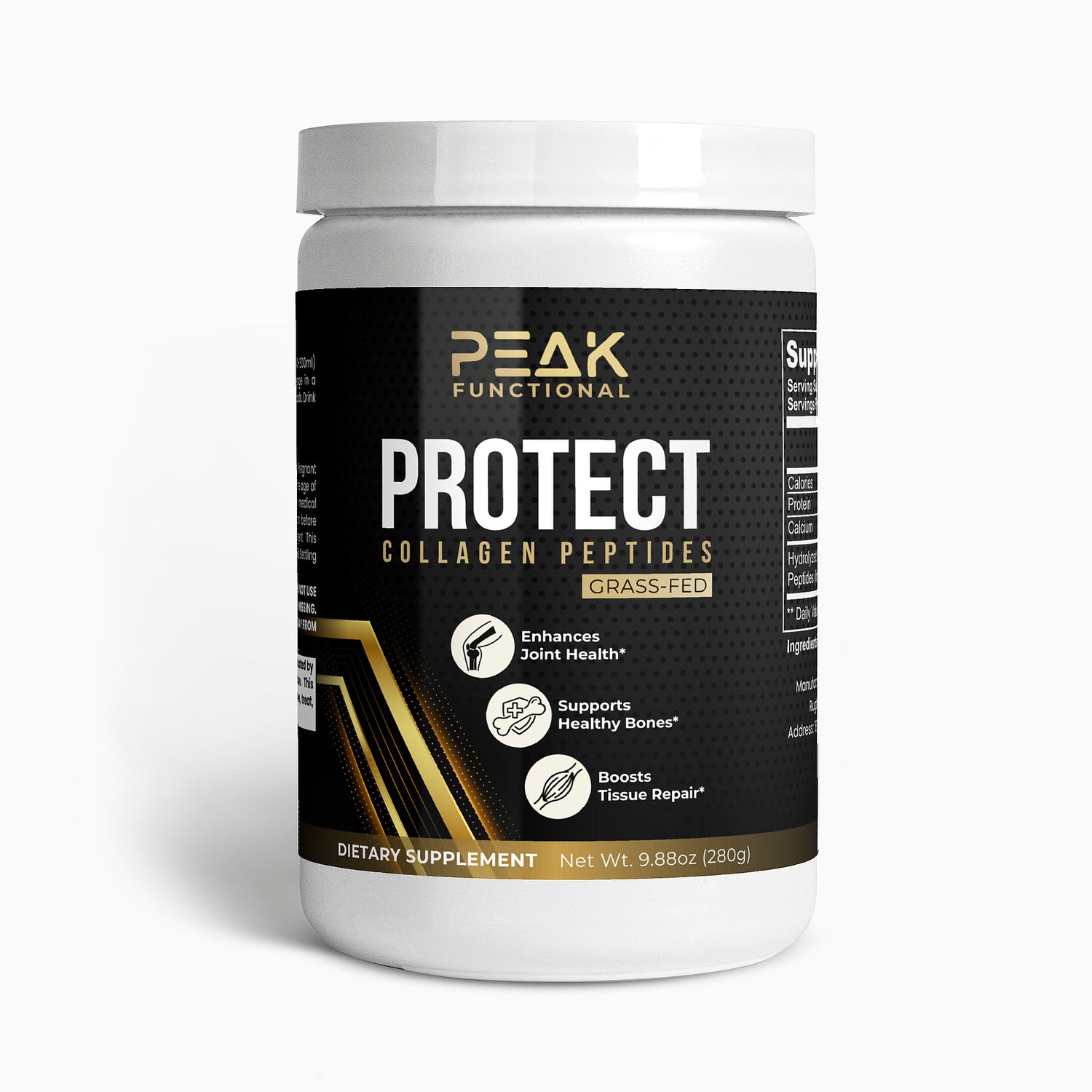 Peak Functional Protect Collagen Peptides supplement container on a white background