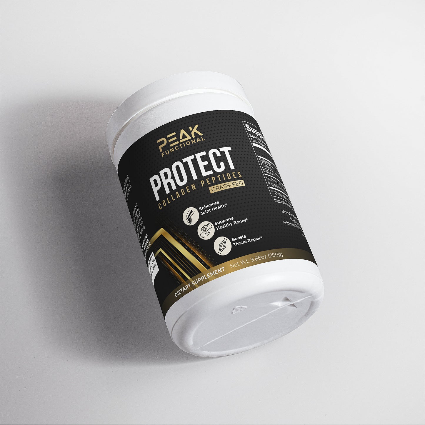 Peak Functional Protect supplement container on a light gray background