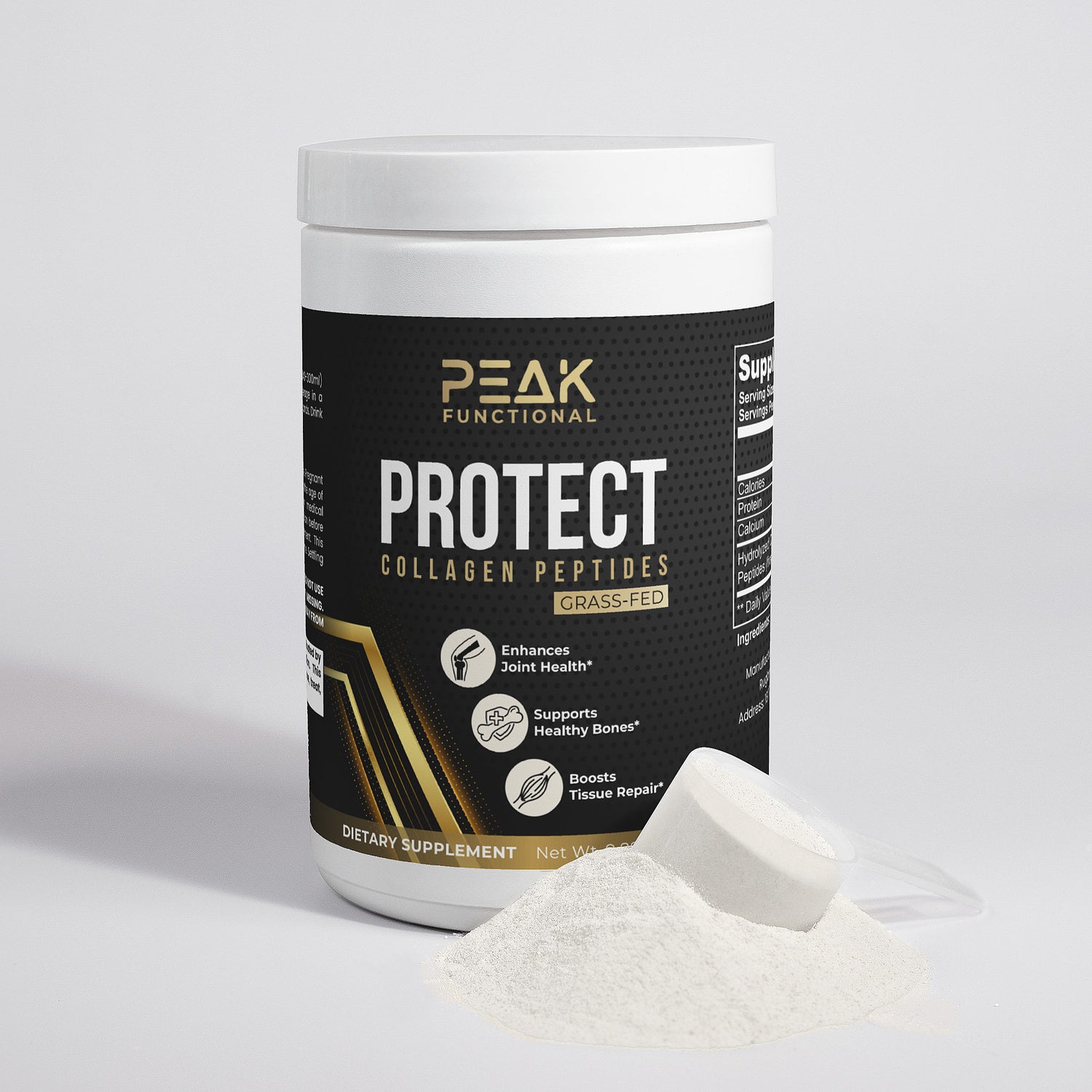 Peak Functional Protect Collagen Peptides container with white powder on a light gray background