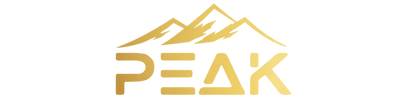 Gold 'PEAK' logo with mountain design on a white background