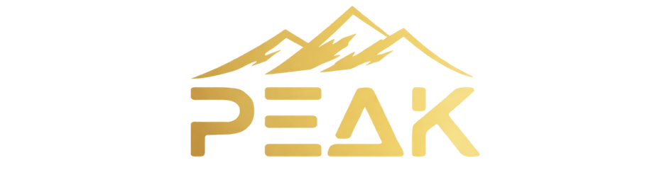 Gold 'PEAK' logo with mountain design on a white background