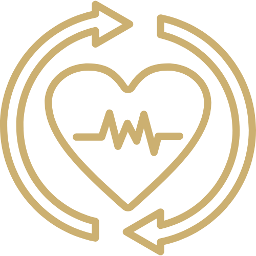 Gold heart with heartbeat line and arrows on a white background