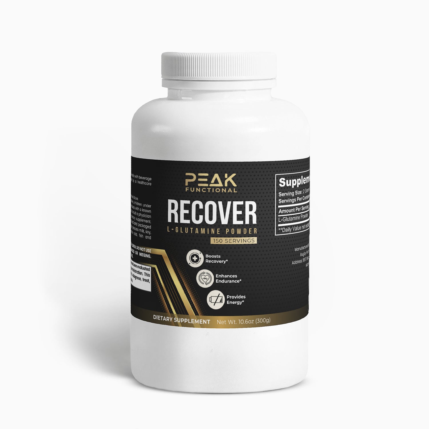 L-Glutamine Supplement bottle labeled 'Peak Functional Recover' on a white background