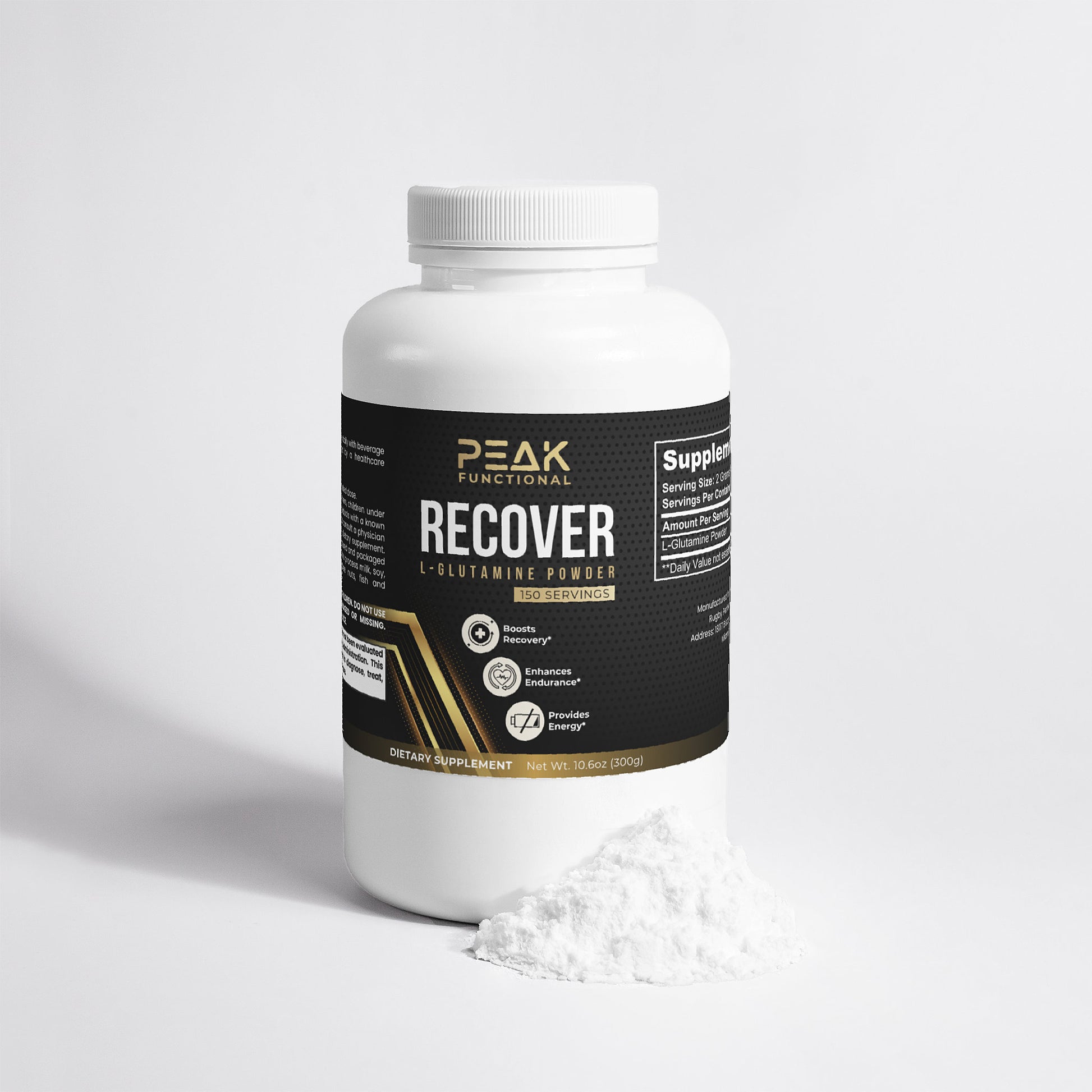 Peak Functional Recover supplement bottle on a light gray background