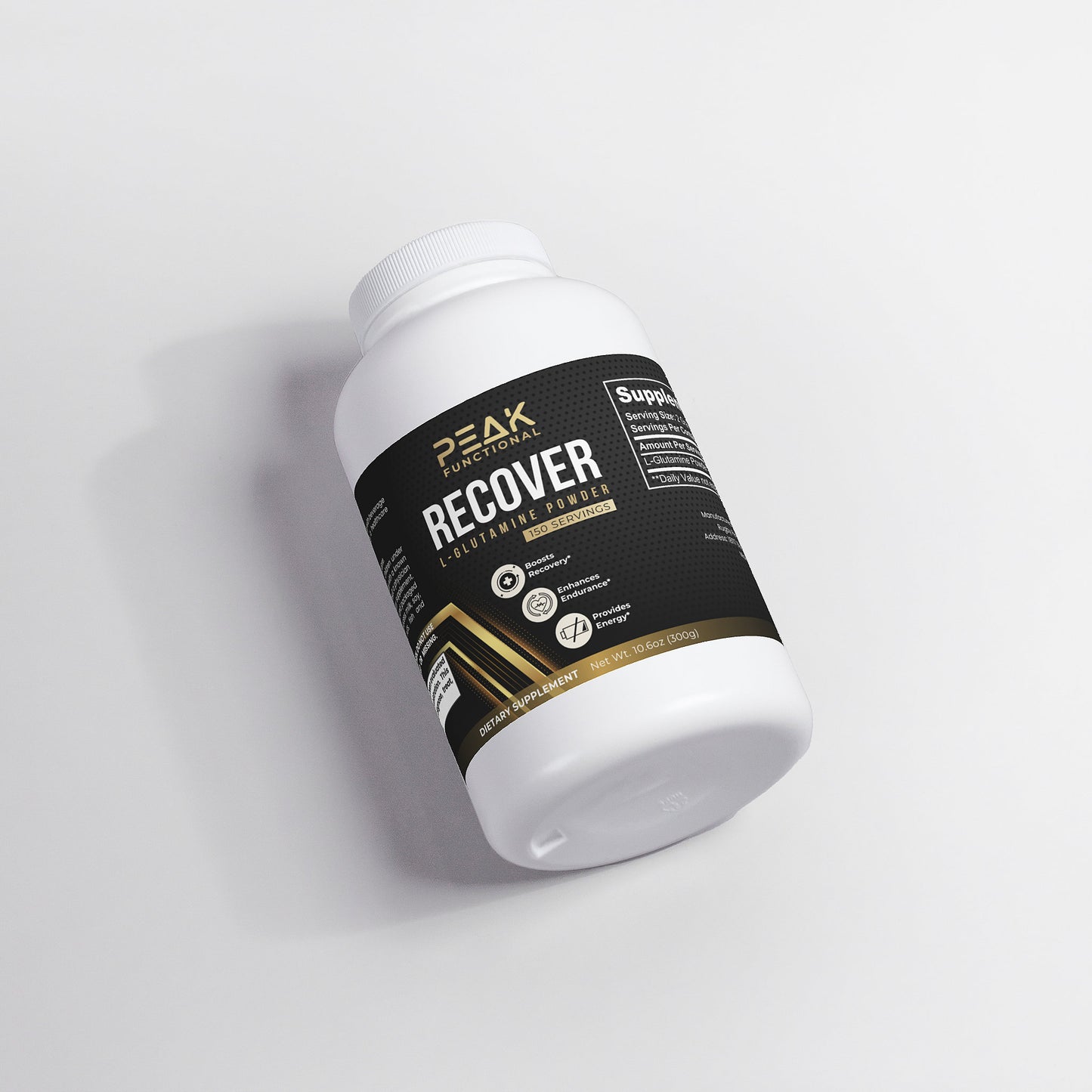 White container with black label featuring 'Peak' branding on a light gray background