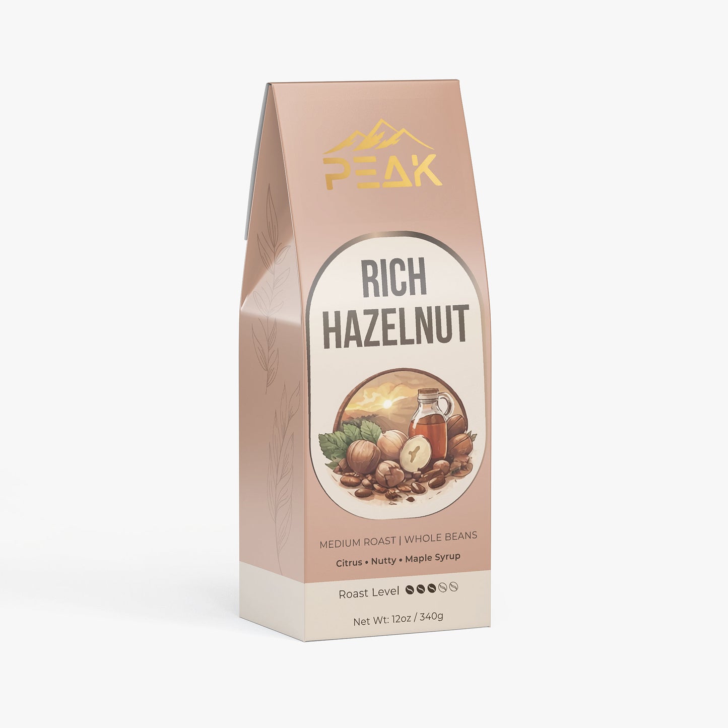 Peak Rich Hazelnut coffee package on a white background