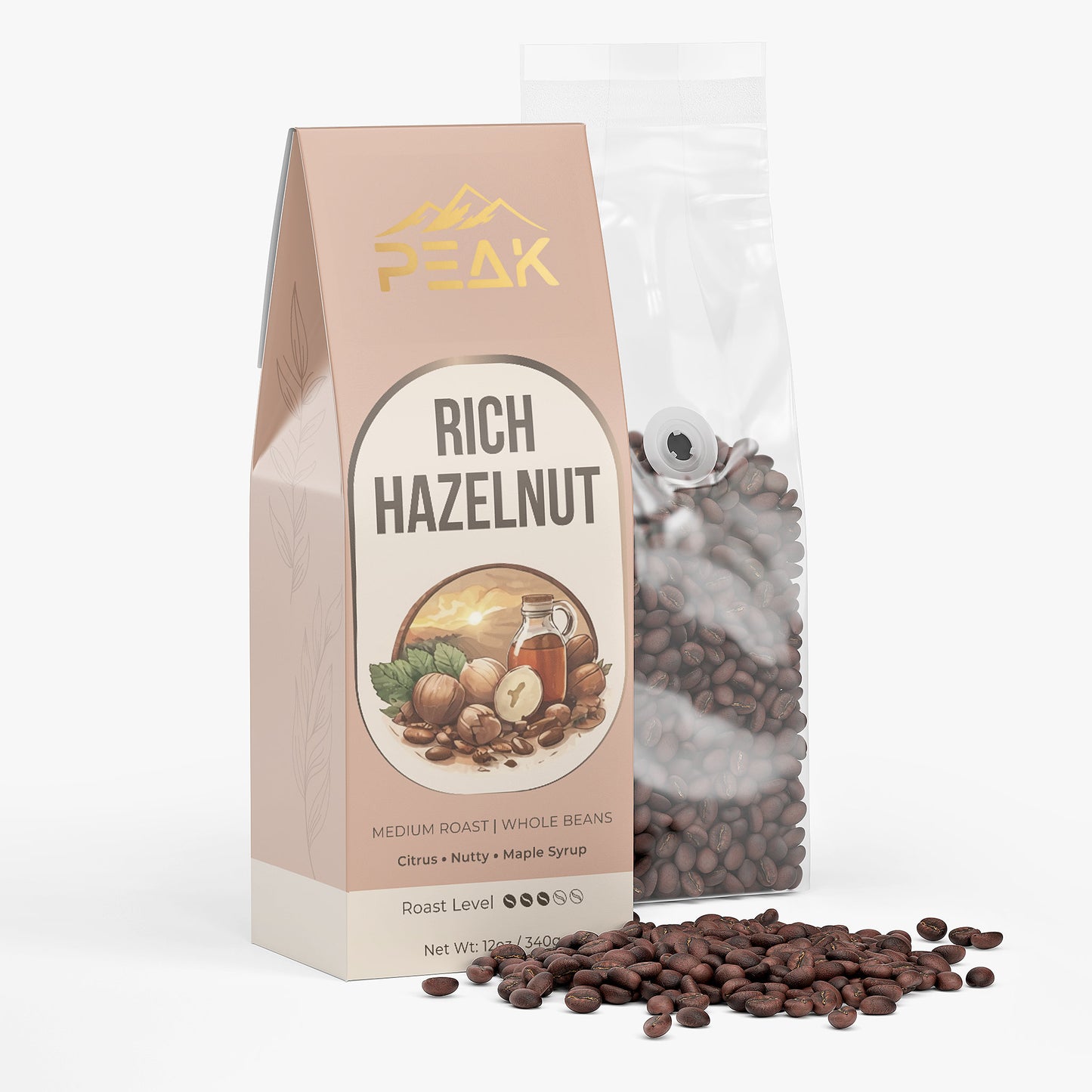 Packaging of Rich Hazelnut coffee beans with visible branding on a white background