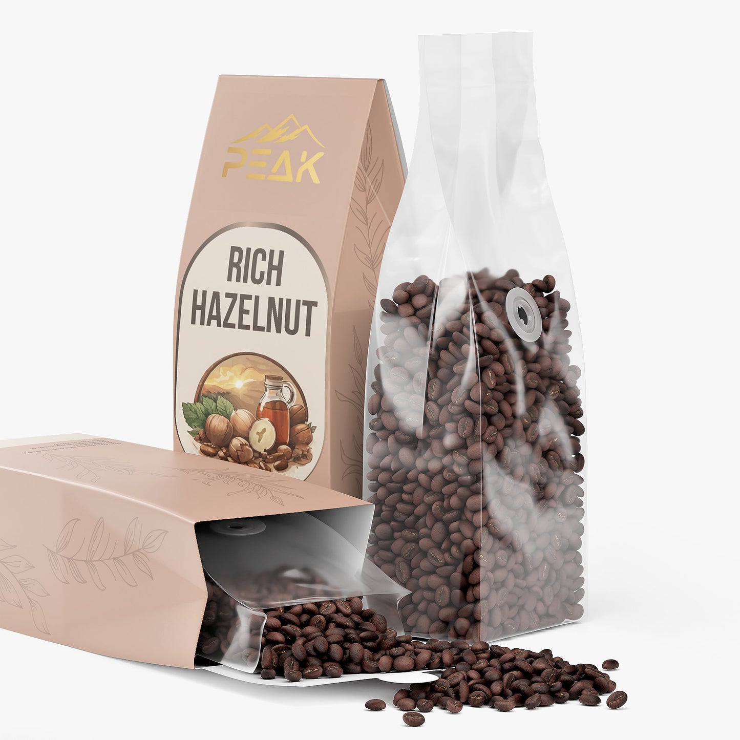 Peak Rich Hazelnut packaging with cocoa beans on a white background